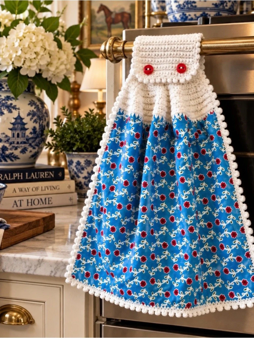 Pioneer Woman Turquoise Red Floral Crochet Hanging Kitchen Towel